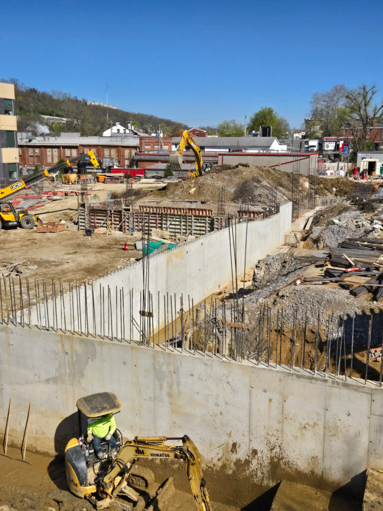 Concrete foundation walls at a building site"
