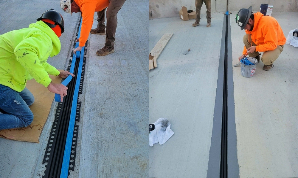 PSI installer sealing an expansion joint on a commercial building.