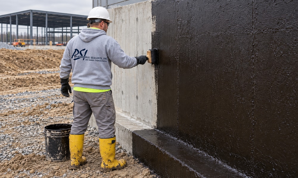 Illustration of a worker brushing dampproofing onto a commercial concrete foundation wall in Cincinnati.